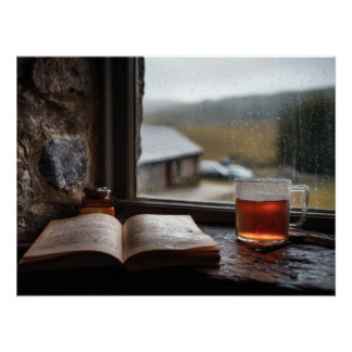 Poster Thé de jour de pluie et fenêtre de livre