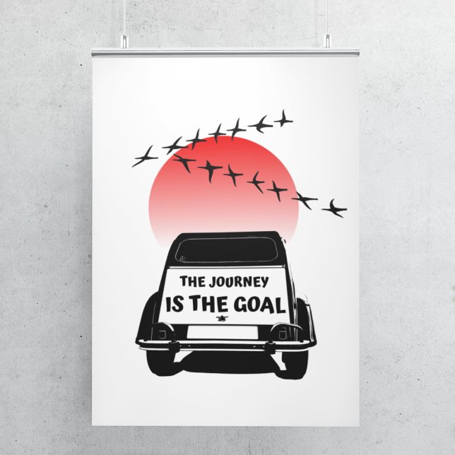Poster The journey is the goal sunset - oldtimer 2CV (2CV Poster in White with a Red Sunset and Birds Illustration)