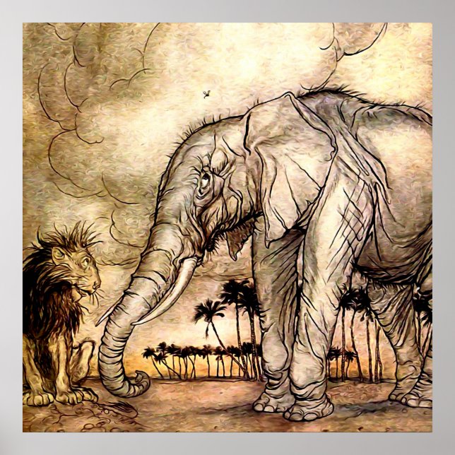 Poster "The Lion and The Elephant" par Arthur Rackham (Devant)