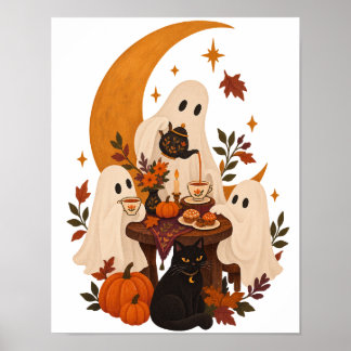 Poster Thé Party Fantôme Mignon Chat Noir Lune Croissante