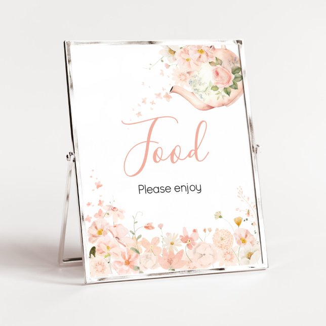 Poster Thé rose floral pour alimentation à deux Baby show (Pink Floral Tea for Two Baby Shower Food Sign)