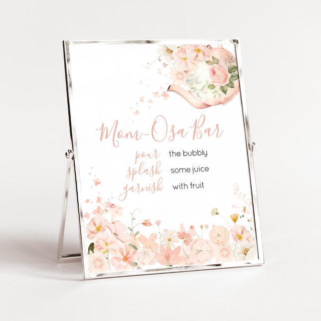 Poster Thé rose floral pour deux Baby showers Maman Bar O (Pink Floral Tea for Two Baby Shower Mom Osa Bar Sign)