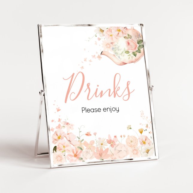 Poster Thé rose floral pour deux boissons Baby showers (Pink Floral Tea for Two Baby Shower Drinks Sign)