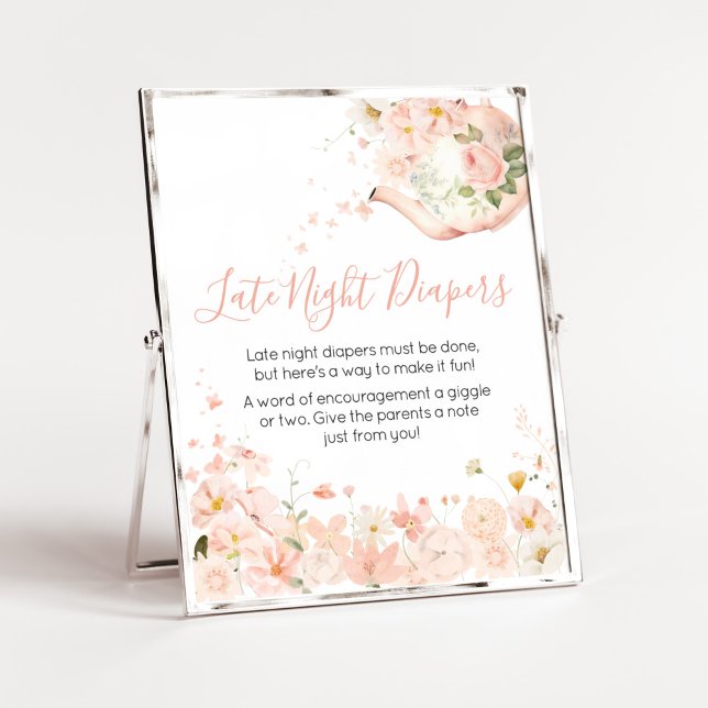 Poster Thé rose floral pour deux Diapositives de nuit (Pink Floral Tea for Two Baby Shower Late Night Diapers Sign)