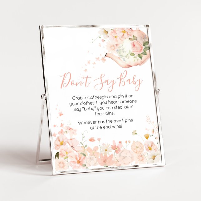 Poster Thé rose floral pour deux ne pas dire bébé (Pink Floral Tea for Two Baby Shower Don't Say Baby Sign)