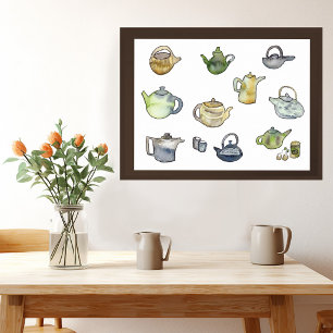 Poster Théière aquarelle à l'heure du thé Art peint à la 