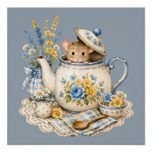 Poster Théière Fantaisiste Maison de Souris Cottagecore F