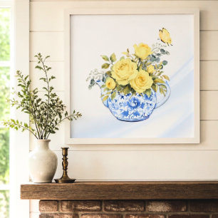 Poster Théière jaune rose bleu et blanc