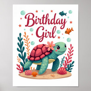 Poster Thème de fête d'anniversaire Tortue de mer Fille d