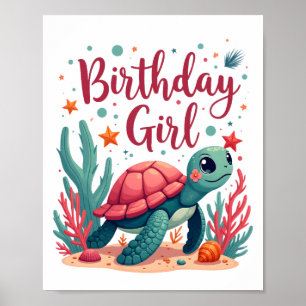 Poster Thème de fête d'anniversaire Tortue de mer Fille d