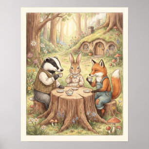 Poster Thème de fête de thé des Animaux Boisées Fantaisis