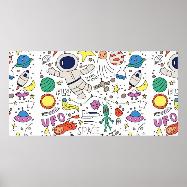 Poster Thème Espace dans l'illustration style doodé (Devant)