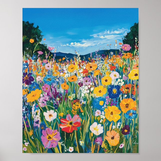 Poster This vibrant painting depicts a field of wildflowe (Devant)