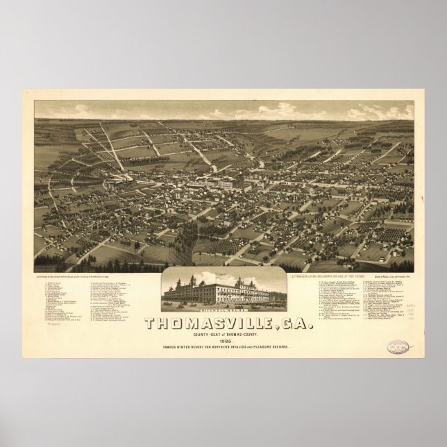 Poster Thomasville Georgia 1885 Antique Carte panoramique (Devant)
