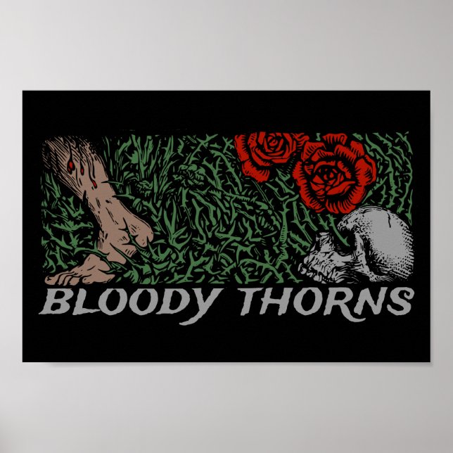 Poster Thorns Crâne Roses Pieds médiévaux colorés Floral (Devant)