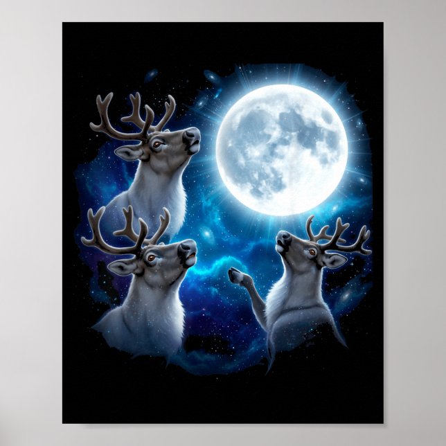 Poster Three Reindeer Howling At The Moon Merry Christmas (Devant)