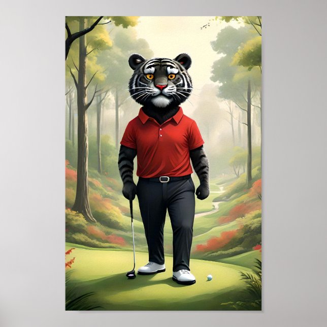 Poster Tiger Jouant Au Golf Dans Les Bois, (Devant)