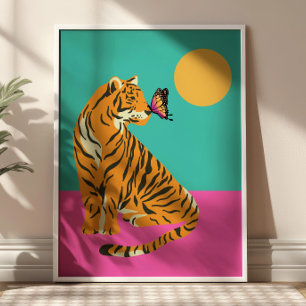 Poster Tigre au graphisme coloré funky papillon