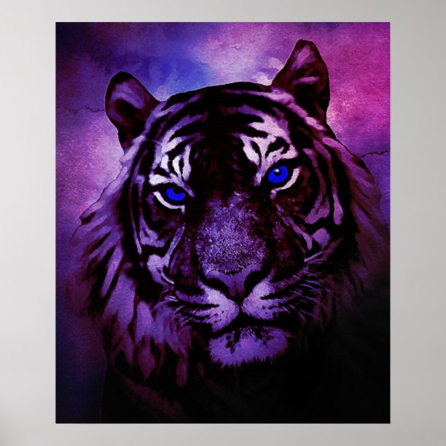 Poster Tigre avec yeux bleus sur Arrière - plan pourpre (Devant)