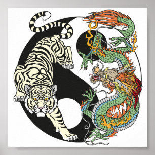 Poster Tigre blanc contre dragon vert au Yin yang