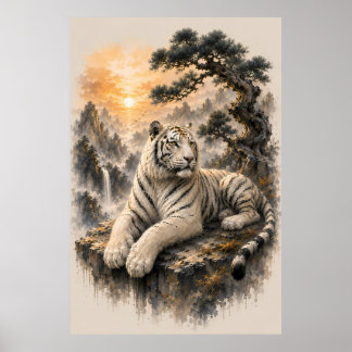 Poster Tigre blanc sous un pin ancien | Encre chinoise