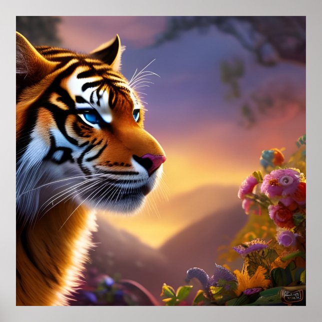 Poster Tigre bleu et fleurs roses (Devant)