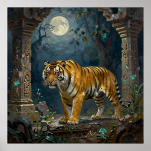 Poster Tigre dans les dunes anciennes sous la pleine lune