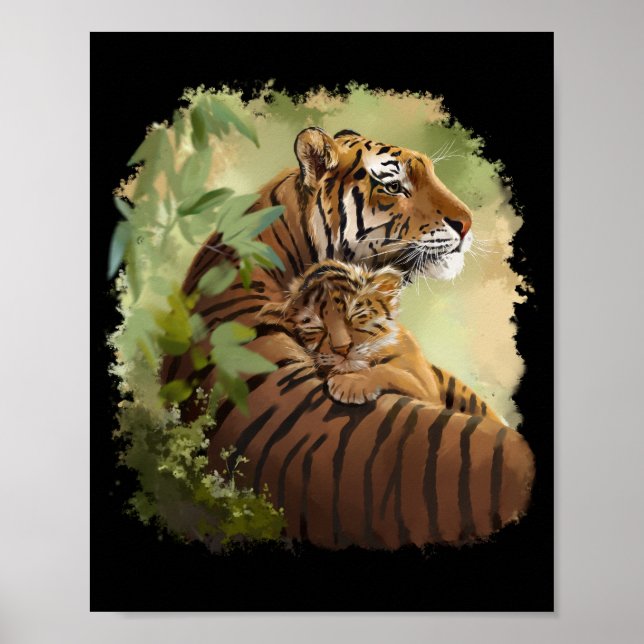 Poster Tigre de maman et tigre de bébé qui dort (Devant)