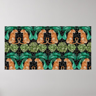 Poster Tigre et Feuilles en Aquarelle Motif transparent