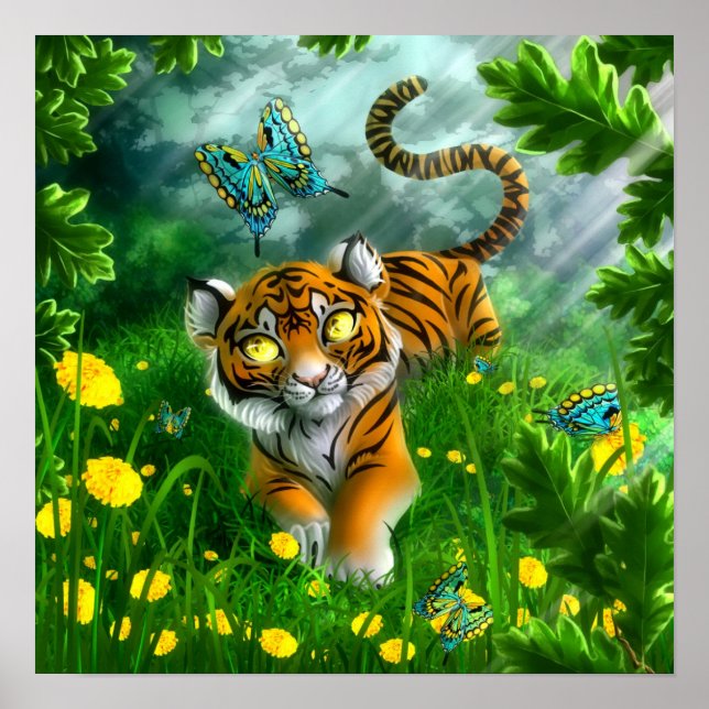 Poster Tigre et papillons (Devant)