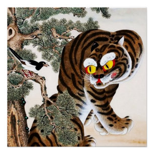 Poster Tigre et pie Minhwa sous un pin