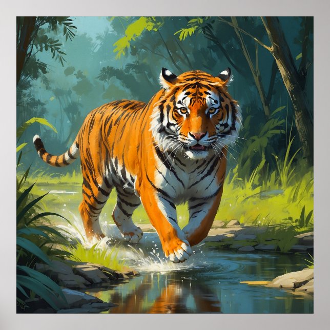 Poster Tigre étonnant coureur dans la peinture de la jung (Devant)