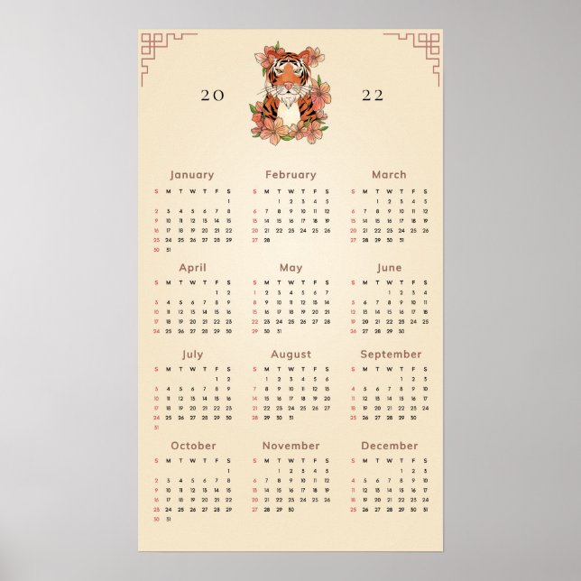 Poster Tigre floral Calendrier du Nouvel An chinois 2022  (Devant)