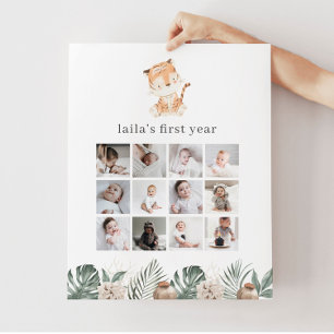 Poster Tigre Floral Vert 1er Anniversaire Photo Collage
