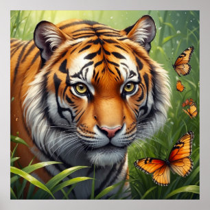 Poster Tigre majestueux avec papillons dans la jungle