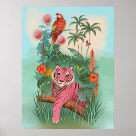 Poster Tigre rose et perroquet dans la jungle tropicale