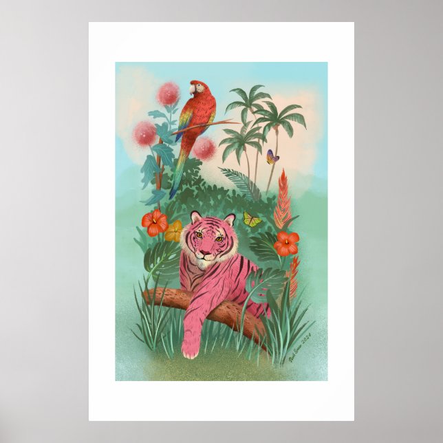 Poster Tigre rose et perroquet Tropical Extra Grande impr (Devant)