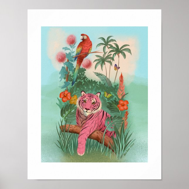 Poster Tigre rose et perroquet Tropical Jungle Art Imprim (Devant)