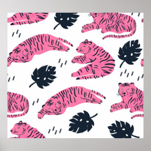 Poster Tigre Rose Tropical : Vintage Tiret À Main.