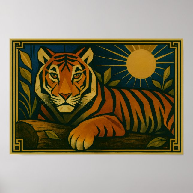 Poster Tigre stylisé dans le cadre ornemental Sunburst (Devant)