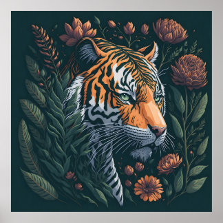 Poster Tigre vintage à la flore verte