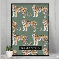 Tigres d'aquarelle verte tropicale Motif avec nom