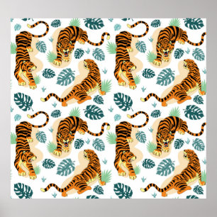 Poster Tigres Feuilles tropicaux : Illustration Vintage.