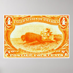 Poster Timbre de Buffalo de chasse de 1898 Indiens