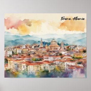 Poster Tirana Albanie aquarelle peinture Panorama