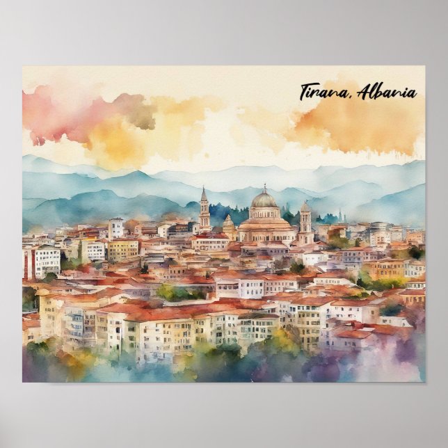 Poster Tirana Albanie aquarelle peinture Panorama (Devant)