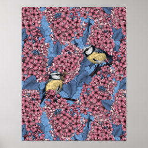 Poster Tit birds dans le jardin lilas