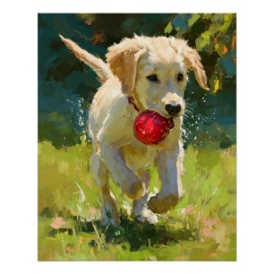 Poster Titre : Golden Retriever joueur avec balle rouge