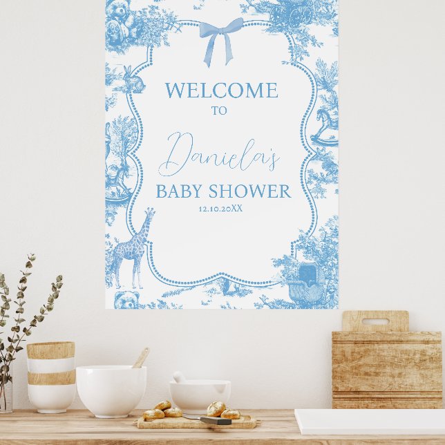 Poster Toile Bleue Bleue de Jouy Ours Bébé Bienvenue (Cuisine)