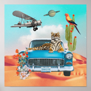 Poster Toile de collage rétro de tigre désert cactus